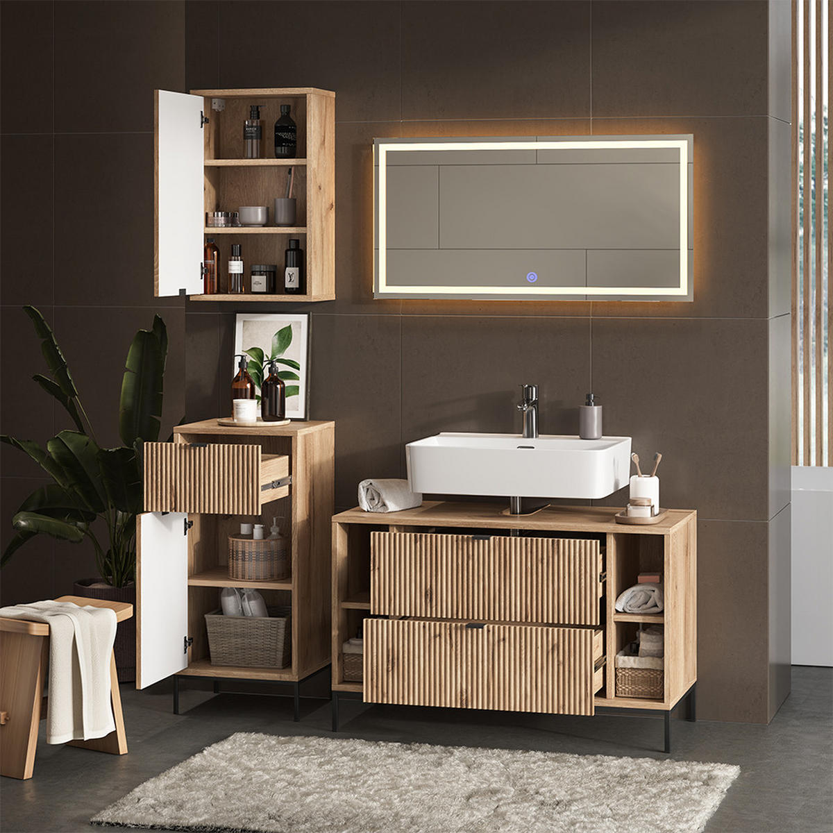BADMÖBEL-SET Eliza Viking Oak 4 Teile - Eichefarben, Holzwerkstoff (100/63/45.1cm) - Vicco