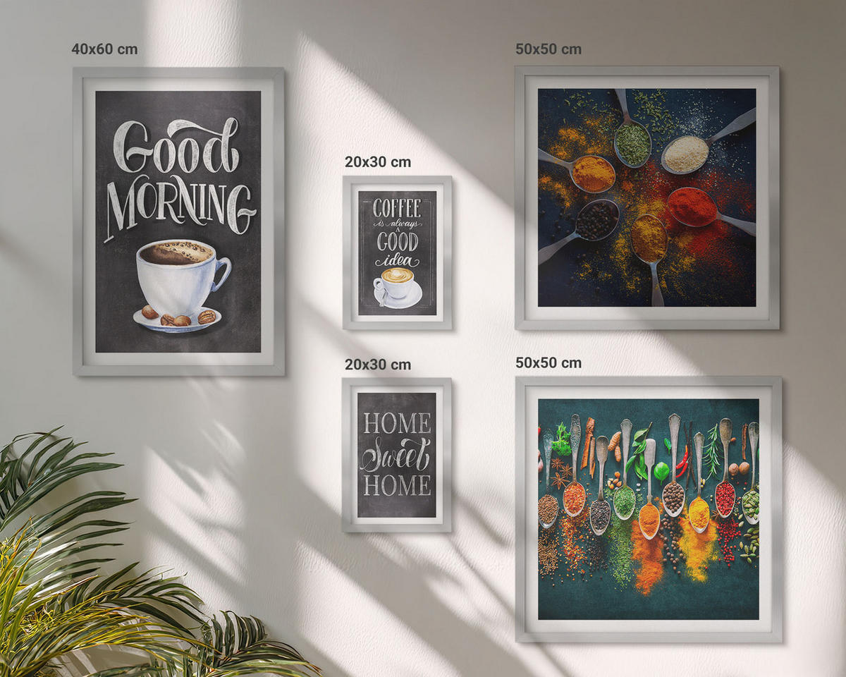 WANDBILDER 5er Set - 50x50 cm & 20x30 cm & 40x60 cm Silberner Rahmen - Gewürze, Kaffee, Tasse, Kräuter - Silberfarben, Kunststoff (40/60cm) - ArtPrintCave