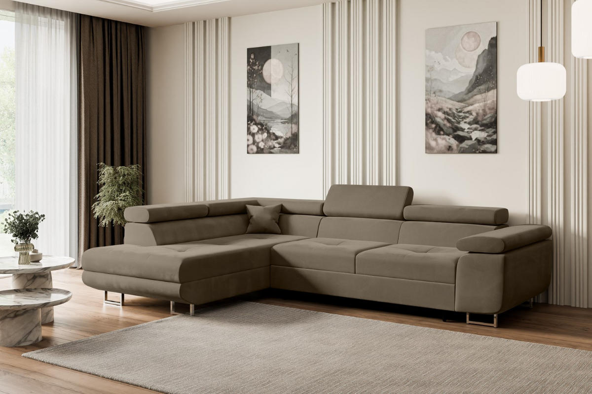 ECKSOFA mit Schlaffunktion und Bettkasten GUSA-L 272x202x107 cm Braun Velours - Silberfarben/Braun, Holzwerkstoff/Textil (202/272cm) - ALTDECOR