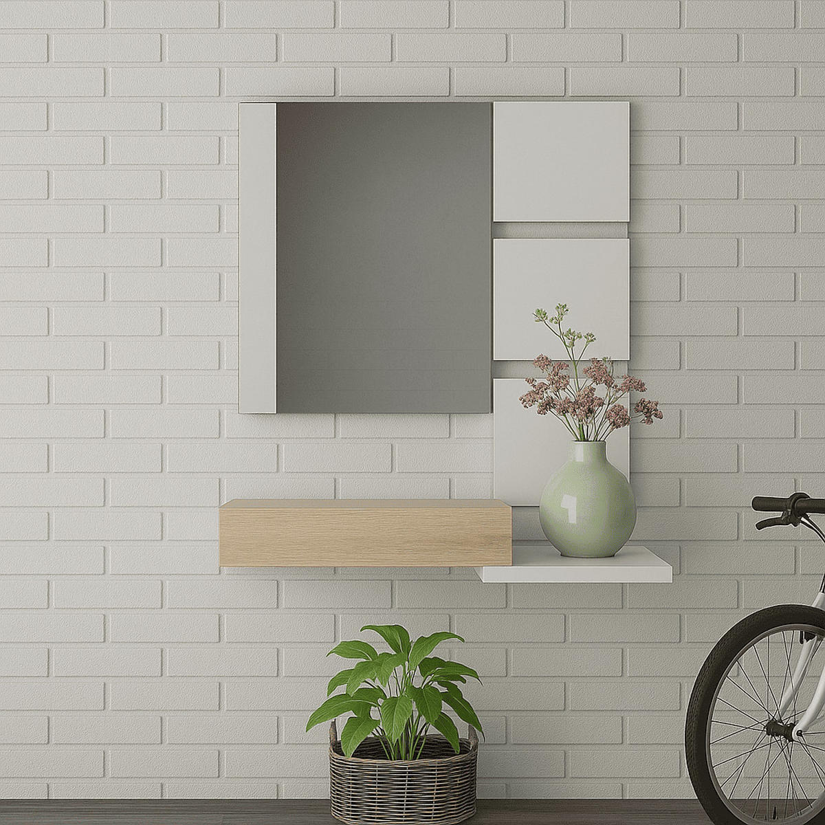 HÄNGEKONSOLE mit 1 schublade und 1 spiegel - tekkan 75/29/20 cm - Weiß, Holzwerkstoff (61/29/20cm) - Calicosy