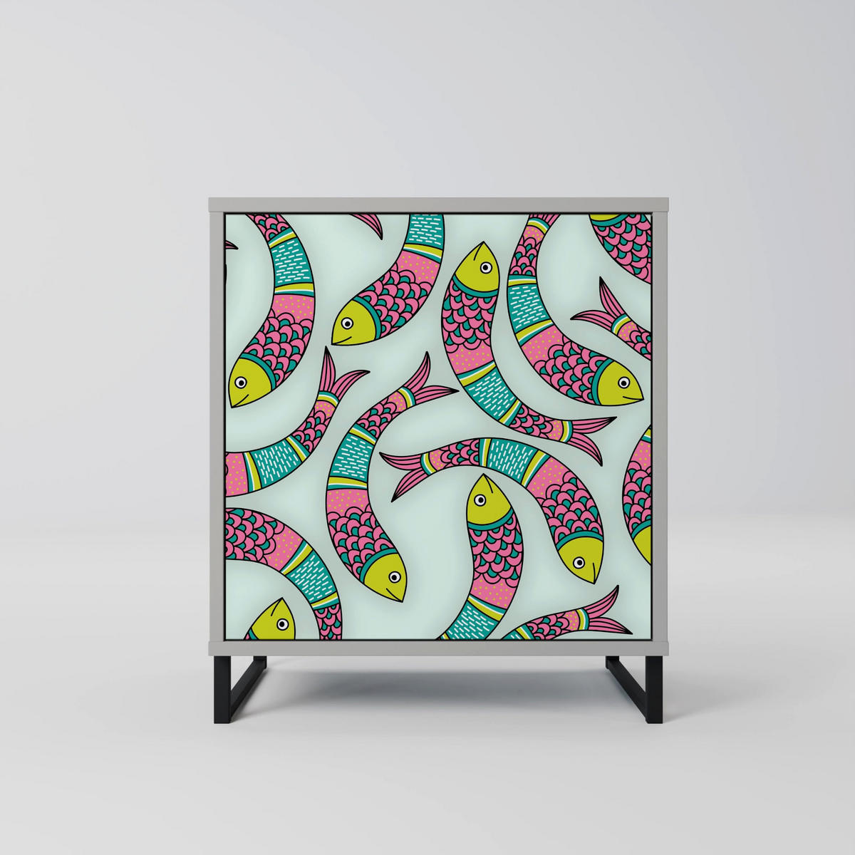 SIDEBOARD INDIAN FISH, Grau, 57,5x42x67,5 cm, Schwarze Metall-Rahmenfüße - Multicolor/Schwarz, Holzwerkstoff/Metall (57.5/67.5/42cm) - SpaceRebels