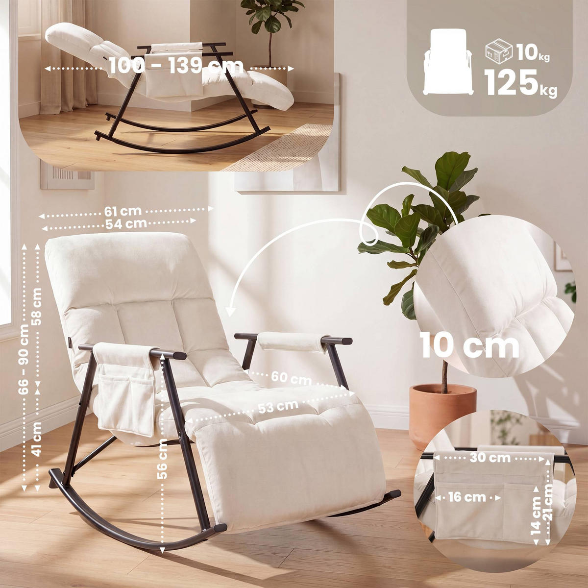 SCHAUKELSTUHL Mika Indoor 61x100x66cm Samt Creme Liegestuhl - Creme, Kunststoff/Textil (61/66/100cm) - DELUKE