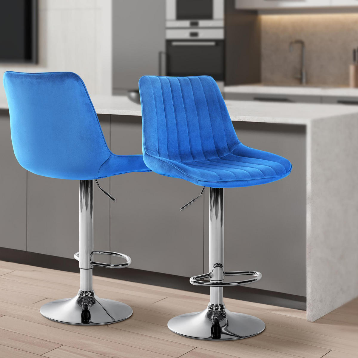 BARHOCKER RIO Blau Samt Chrom - Blau, Textil/Metall (49.5/91/50cm) - DELUKE