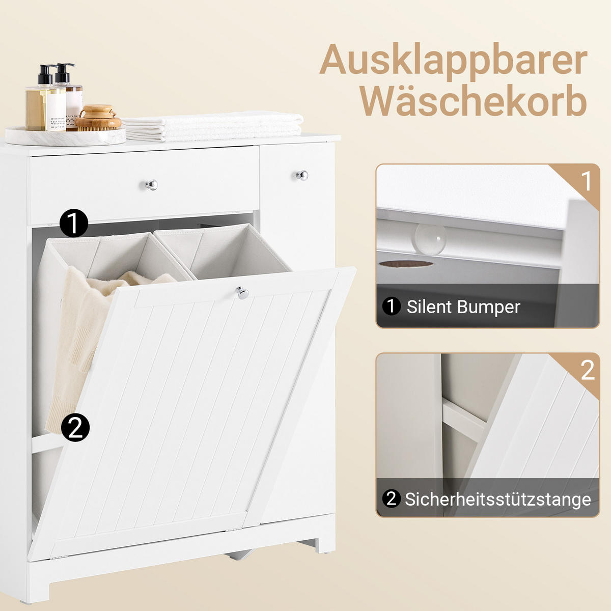 WÄSCHESCHRANK, Badschrank mit 2 Wäschesäcken, 78x38x90cm - Weiß, Holzwerkstoff (78/90/38cm) - SoBuy