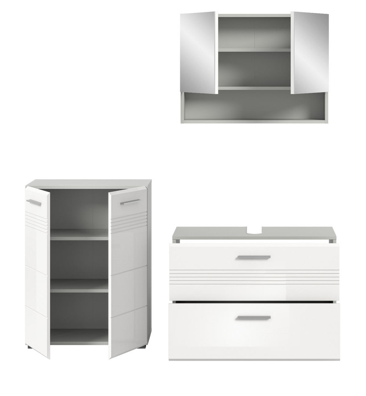 BADMÖBEL-SET 3-teilig weiß Hochglanz, grau 155 cm, Komplettset mit Soft-Close - Weiß Hochglanz/Grau, Glas/Holzwerkstoff (155/190/32cm) - Inn.Furn