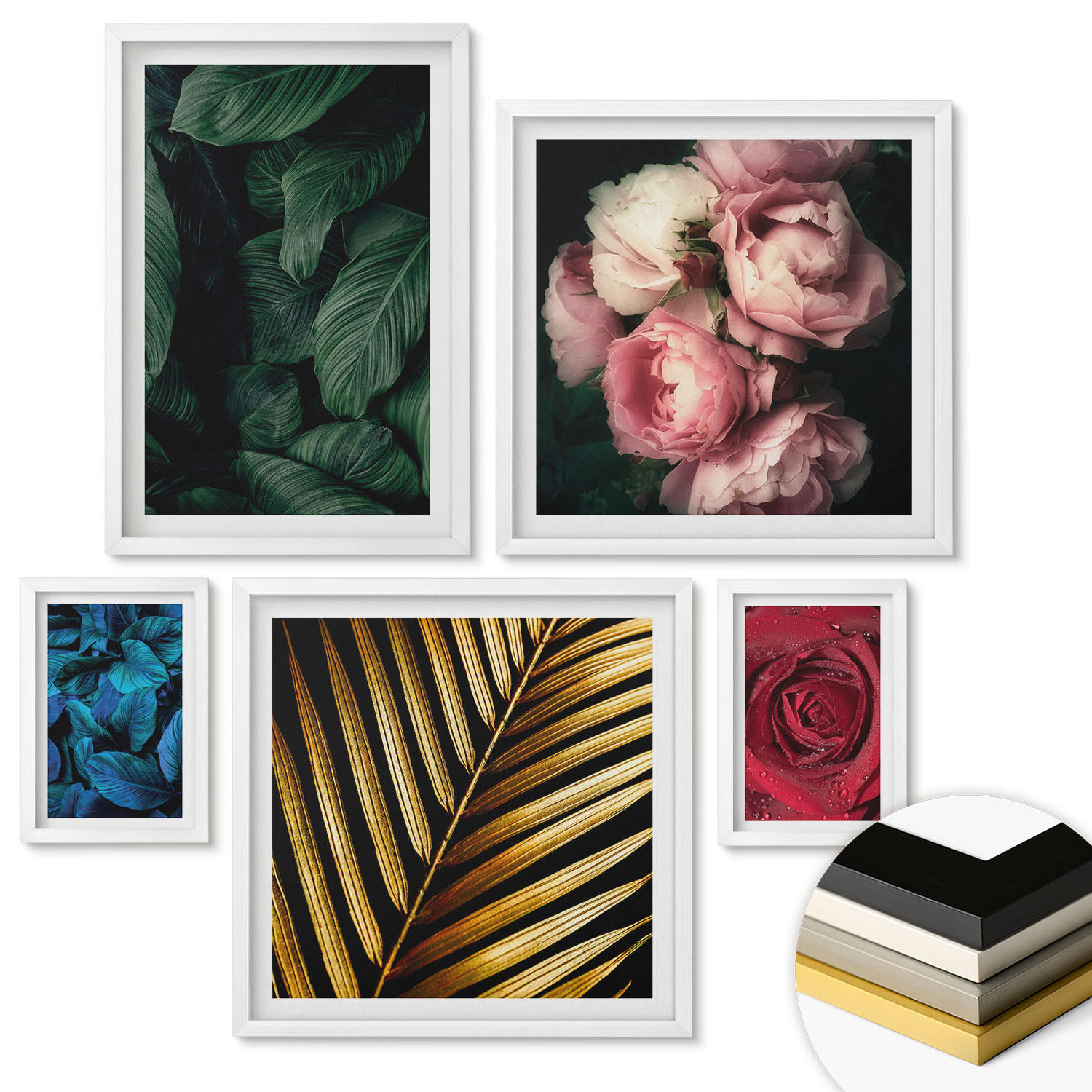 WANDBILDER 5er-Set - 50x50 cm & 20x30 cm & 40x60 cm Weißer Rahmen - Abstrakte schwarze Muster - Weiß, Kunststoff (40/60cm) - ArtPrintCave