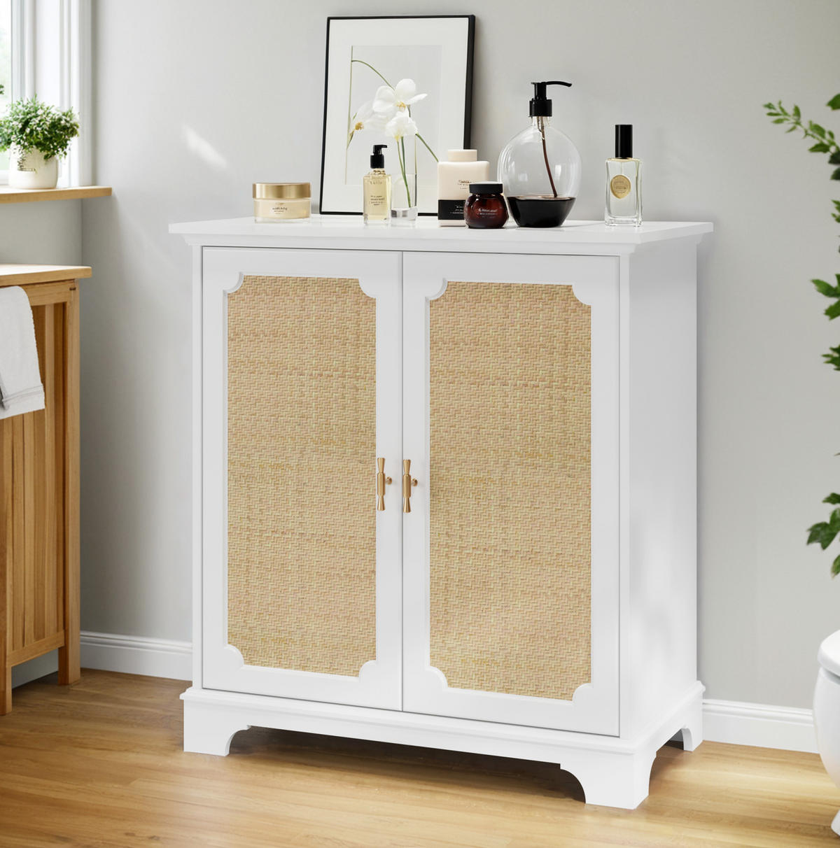 KOMMODE 80/38/86 cm, Rattan-Türen, Weiß, MDF/Spanplatte mit Massivholzbeinen, viel Stauraum, Weiß - Weiß, Holzwerkstoff (80/86/38cm) - Redom