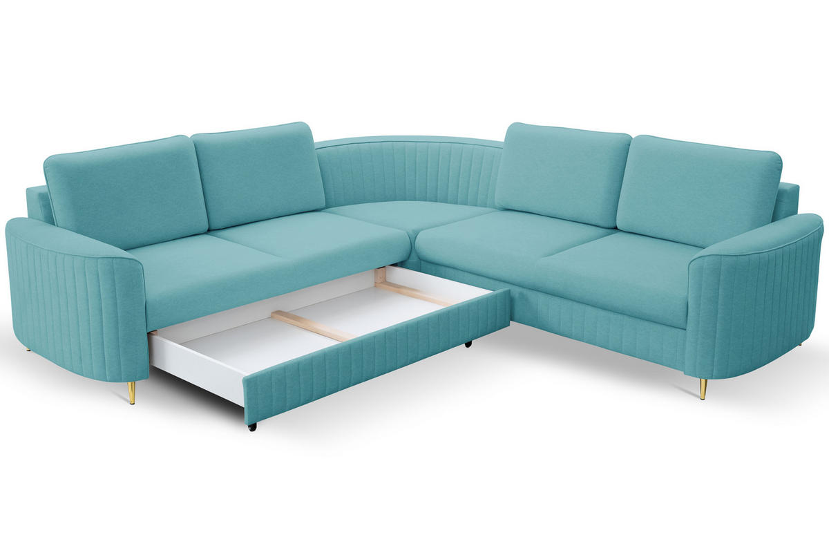 ECKSOFA LAREN, modernes Schlafsofa mit Stauraum, Plastikfüße, L-förmig, lose Rückenkissen freistehend, LINKS 251x252x85 cm Turquoise - Türkis, Holz/Textil (251/252cm) - DomoHome