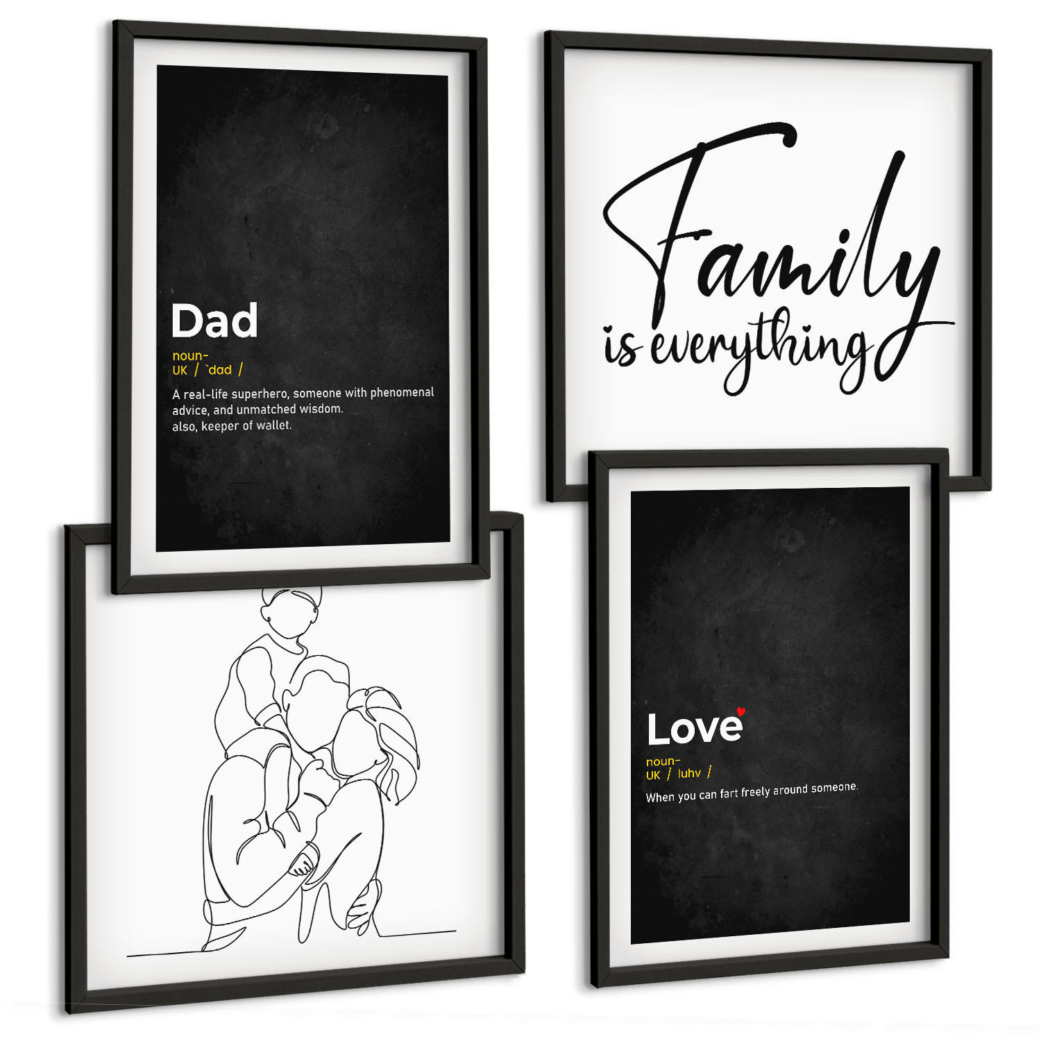 BILDER SET 4er Set - 50x50 cm & 40x60 cm Schwarzer Rahmen - Definitionen der Liebe in Familienzeichnungen - Schwarz, Kunststoff (50/50cm) - TULUP