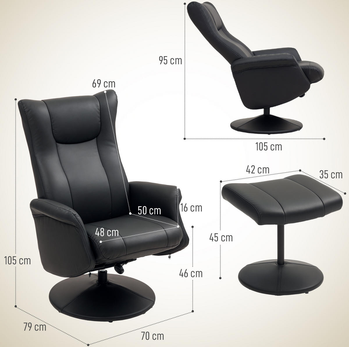 SESSEL 70/79/105 cm in Schwarz mit Hocker und Liegefunktion - Schwarz, Kunststoff (70/105/79cm) - Flora Grace