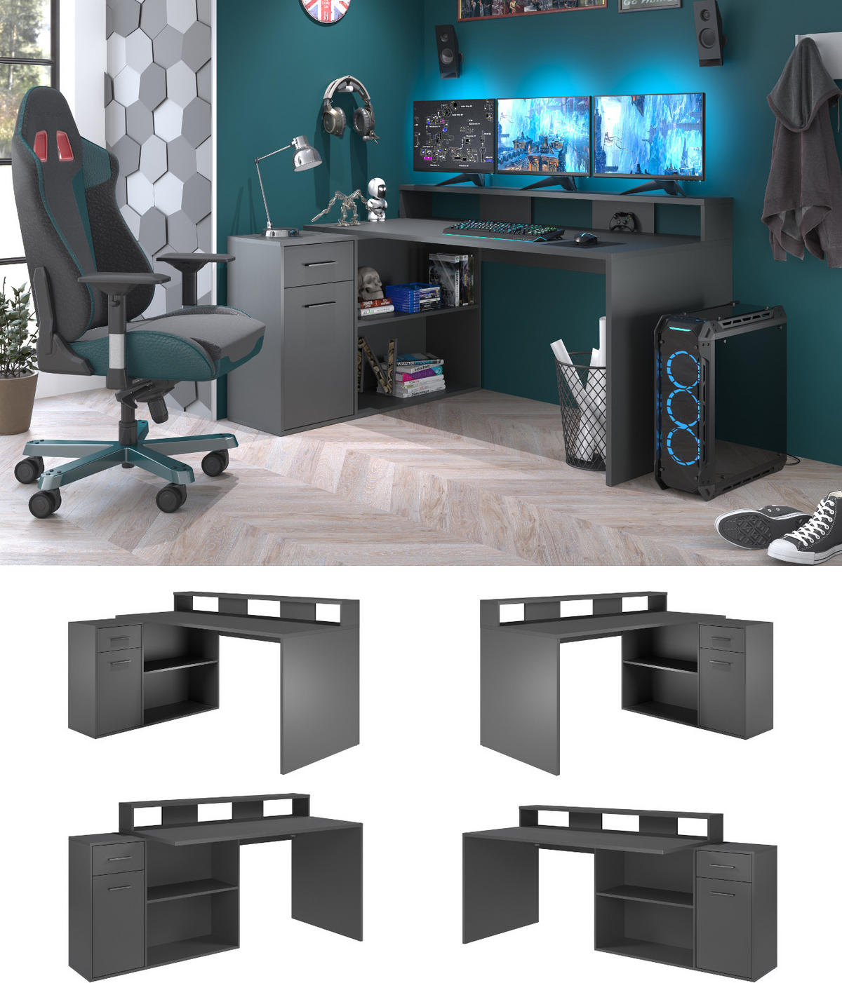 SCHREIBTISCH dunkelgrau / anthrazit 160 - 200 x 92 cm, Eckschreibtisch mit Stauraum - Dunkelgrau/Anthrazit, Holzwerkstoff/Kunststoff (115/160/92cm) - Top.Furn