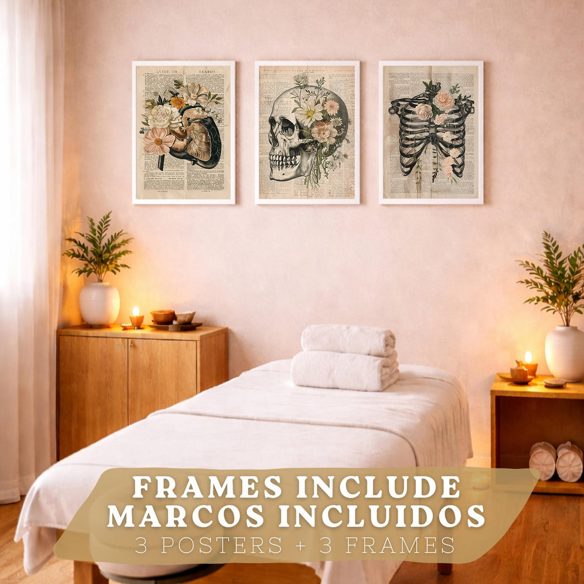 POSTER Set aus 3 Anatomie Mensch Drucke und Wandbilder mit Leber Rippen und Schädel Retro Floraler Stil Wanddekoration Größe Weißer Rahmen A3 - Weiß, Papier (29.7/42/3cm) - Nacnic