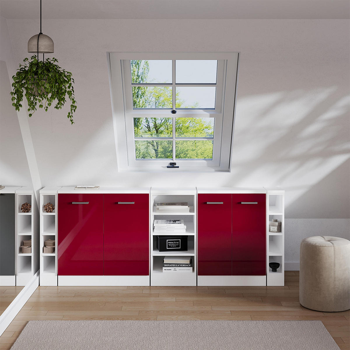 ŠATNÍ SESTAVA PRO ŠIKMÉ STŘECHY Rion Červená vysoký lesk 210 cm Sada 5 korpusů skříně hloubka 60 cm - bílá/bordeaux, kompozitní dřevo (210/83.8/60cm) - Vicco