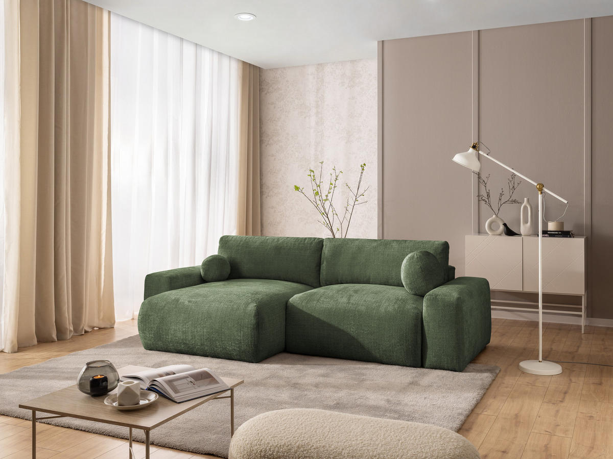 ECKSOFA Puffy mit Schlaffunktion und Bettkasten - besonders weich und puffig aus Grün Chenille-Stoff - Ottomane links - Schwarz/Grün, Holz/Kunststoff (138/266cm) - S-Style Möbel