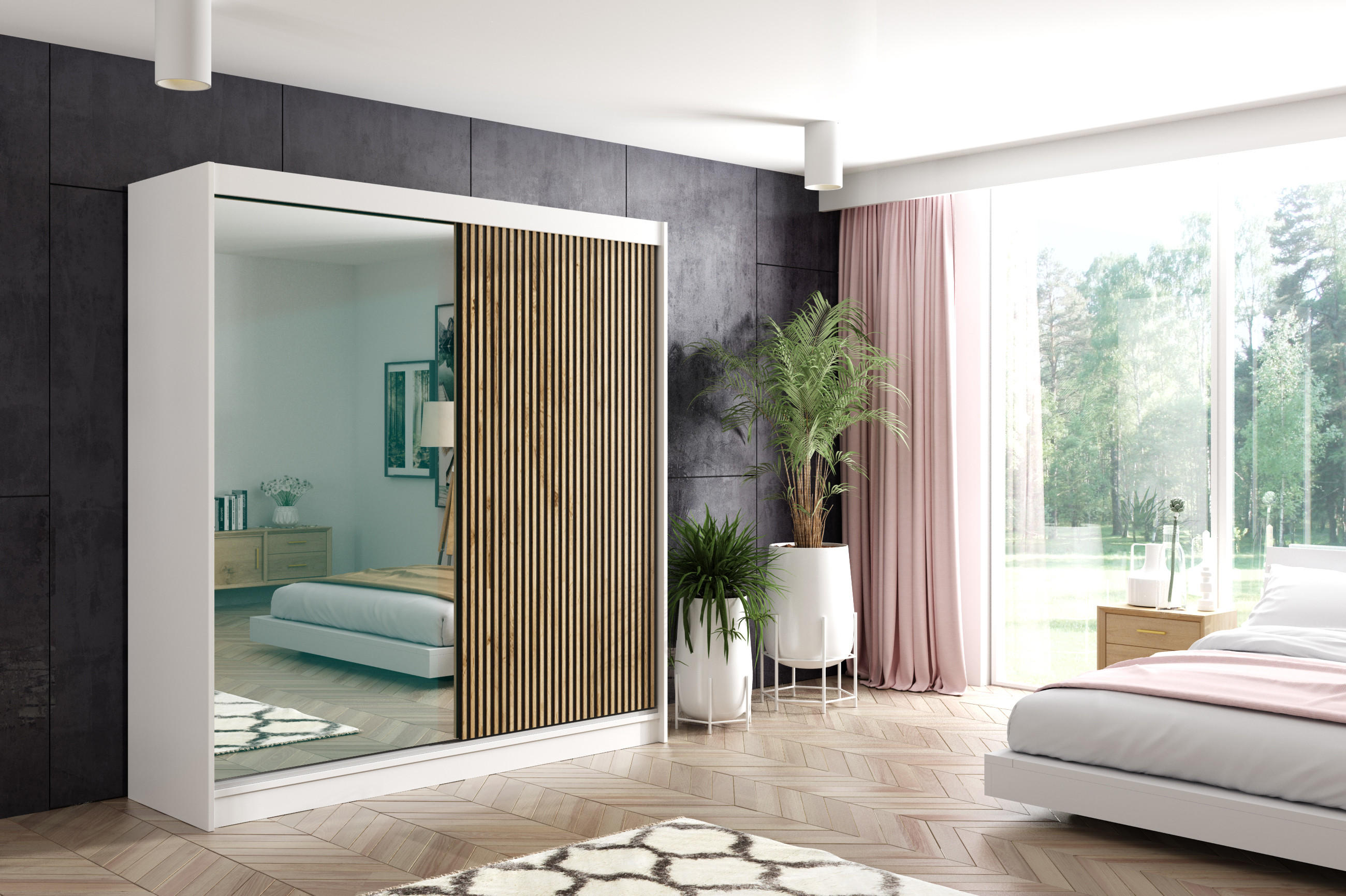 KLEIDERSCHRANK VILAN mit Spiegel - 200 cm - Weiß|Eiche Wotan - Eiche Wotan/Weiß, Holzwerkstoff (200/215/61cm) - ALTDECOR