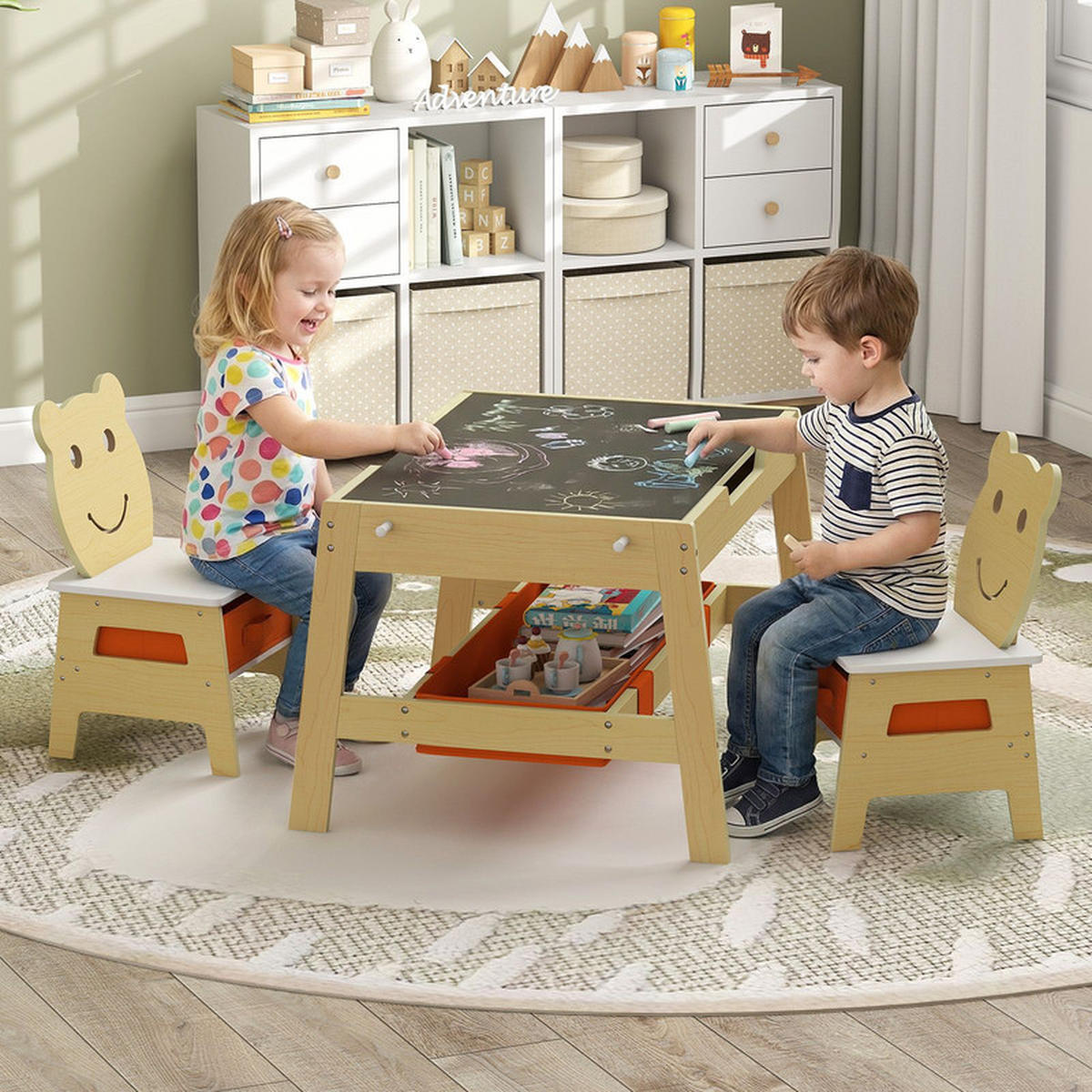 KINDERTISCH mit stuhl natur(3-tlg) - Naturfarben, Holzwerkstoff (70/45/60.5cm) - COSTWAY
