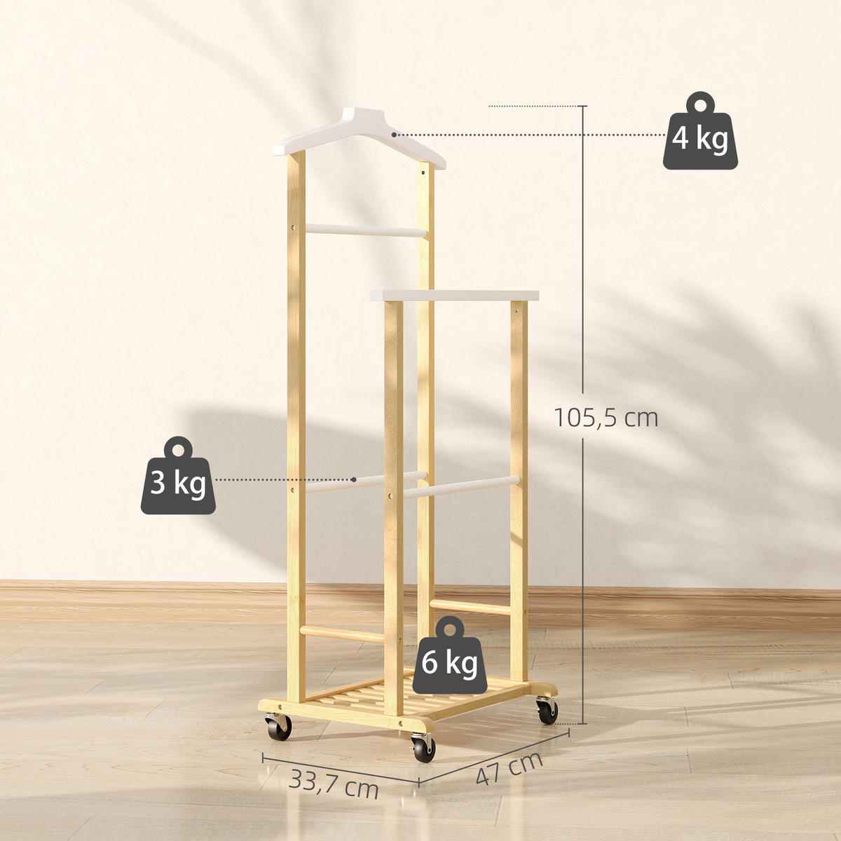 ROLLBARER Kleiderständer aus Bambus 47/33,7/105,5 cm natur - Naturfarben, Holz (47/105.5/33.7cm)
