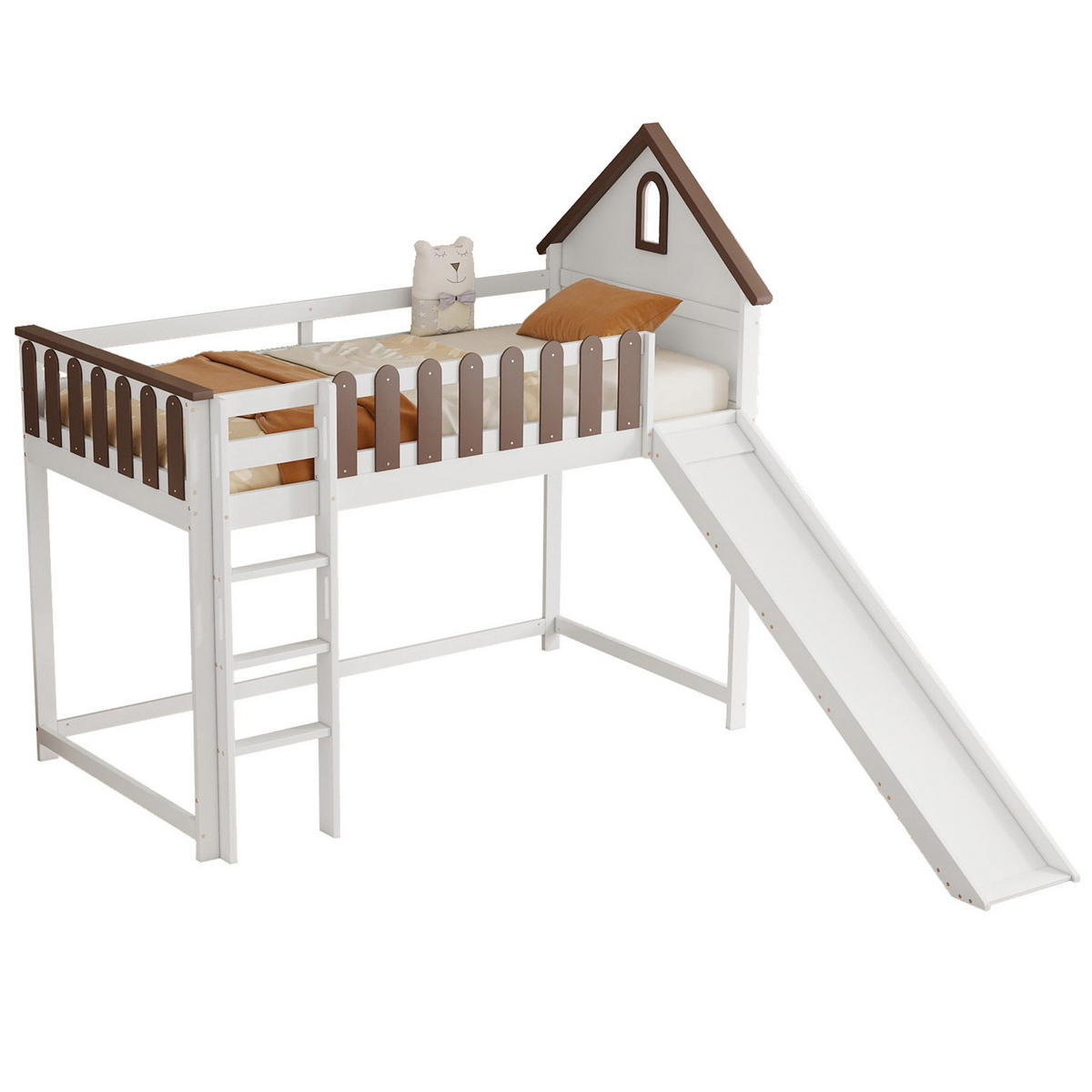 HOCHBETT 90/200 cm Weiß Walnuss mit Rutsche und Fenster aus Kiefer und MDF - Weiß, Holzwerkstoff (90/200cm) - OKWISH