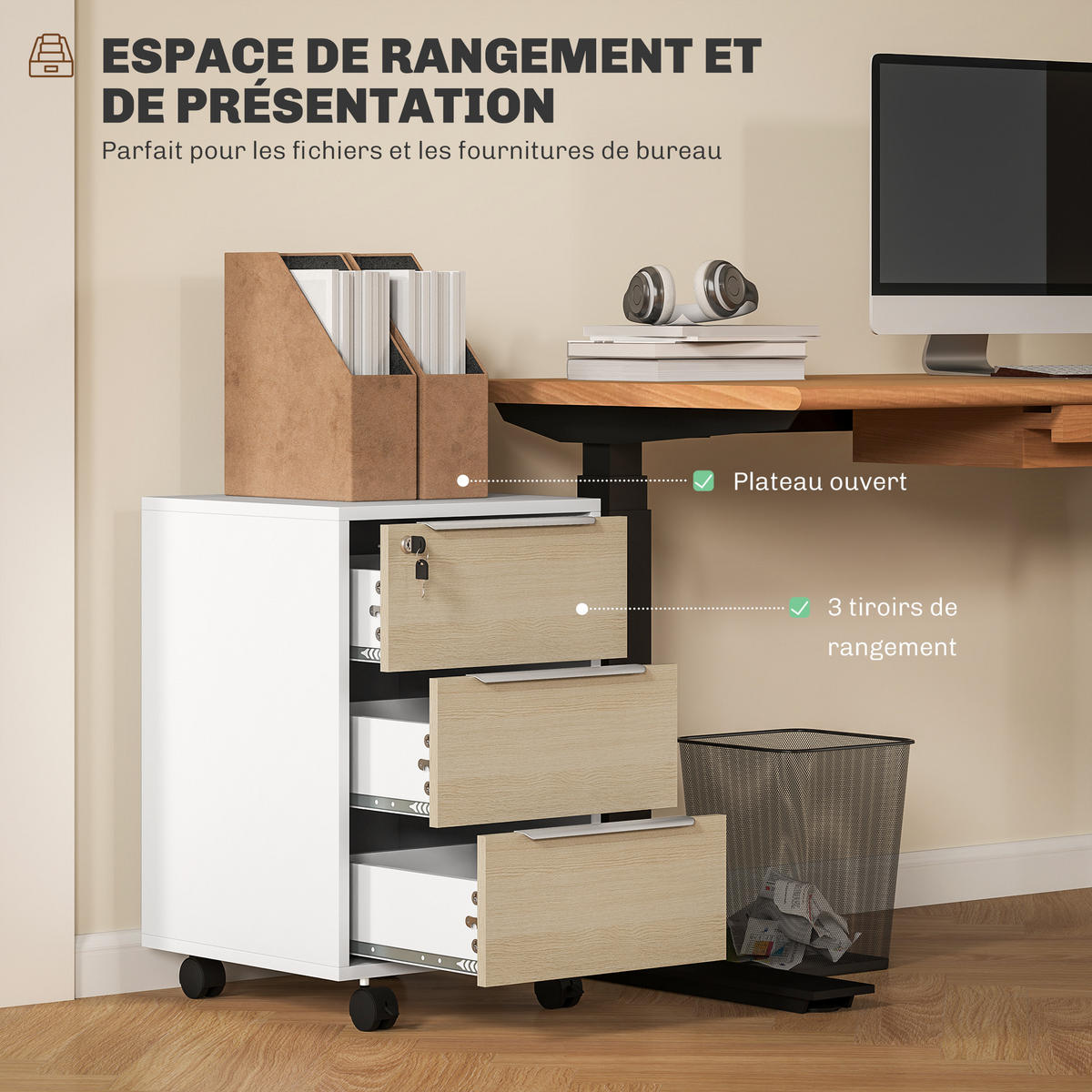 ROLLCONTAINER DE-14471 3 Schubladen abschließbar Eiche - Eichefarben, Holzwerkstoff (40/63.5/40cm) - ComfortXL