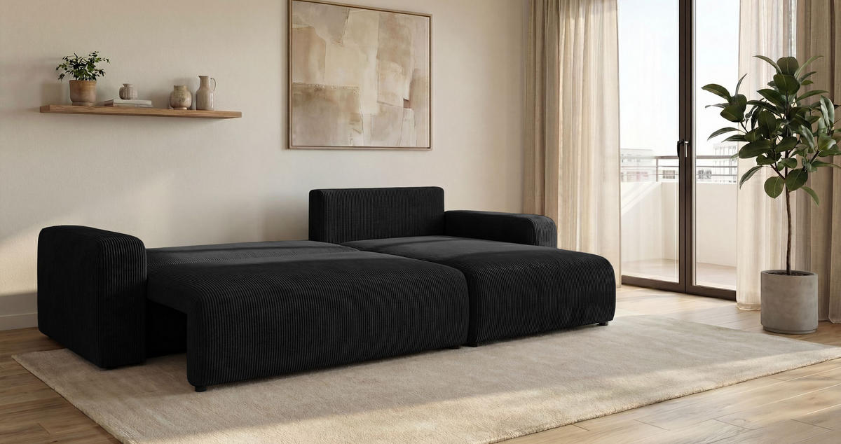 ECKSOFA BERLIN rechts schwarz Cord Poso 135 - Schlaffunktion, Bettkasten - Schwarz, Textil (285/184cm) - Cornero