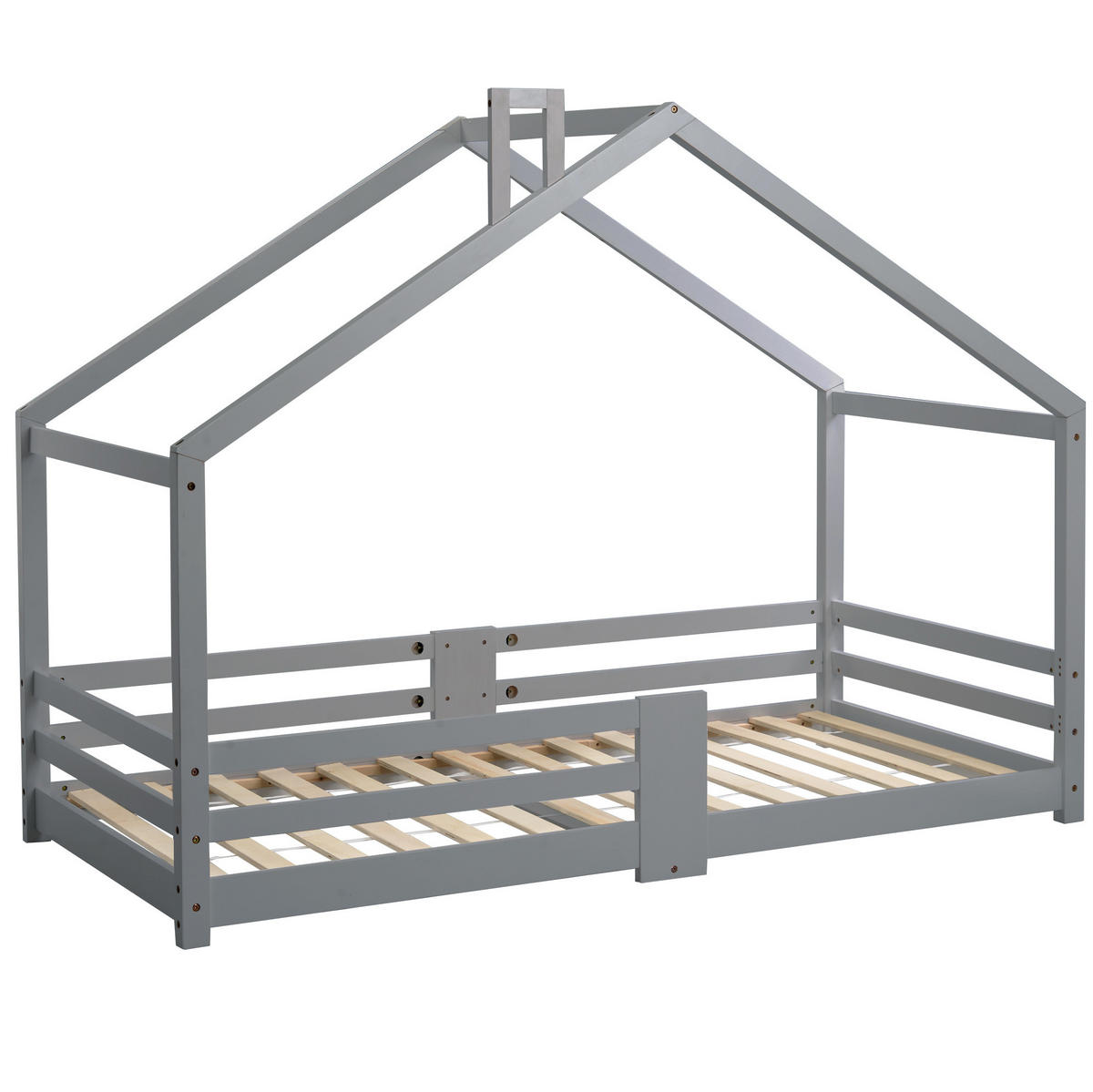 KINDEREINZELBETTEN aus Kiefernholz 90x200 cm in Grau mit Rausfallschutz - Grau, Holz (90/200cm) - Modfu