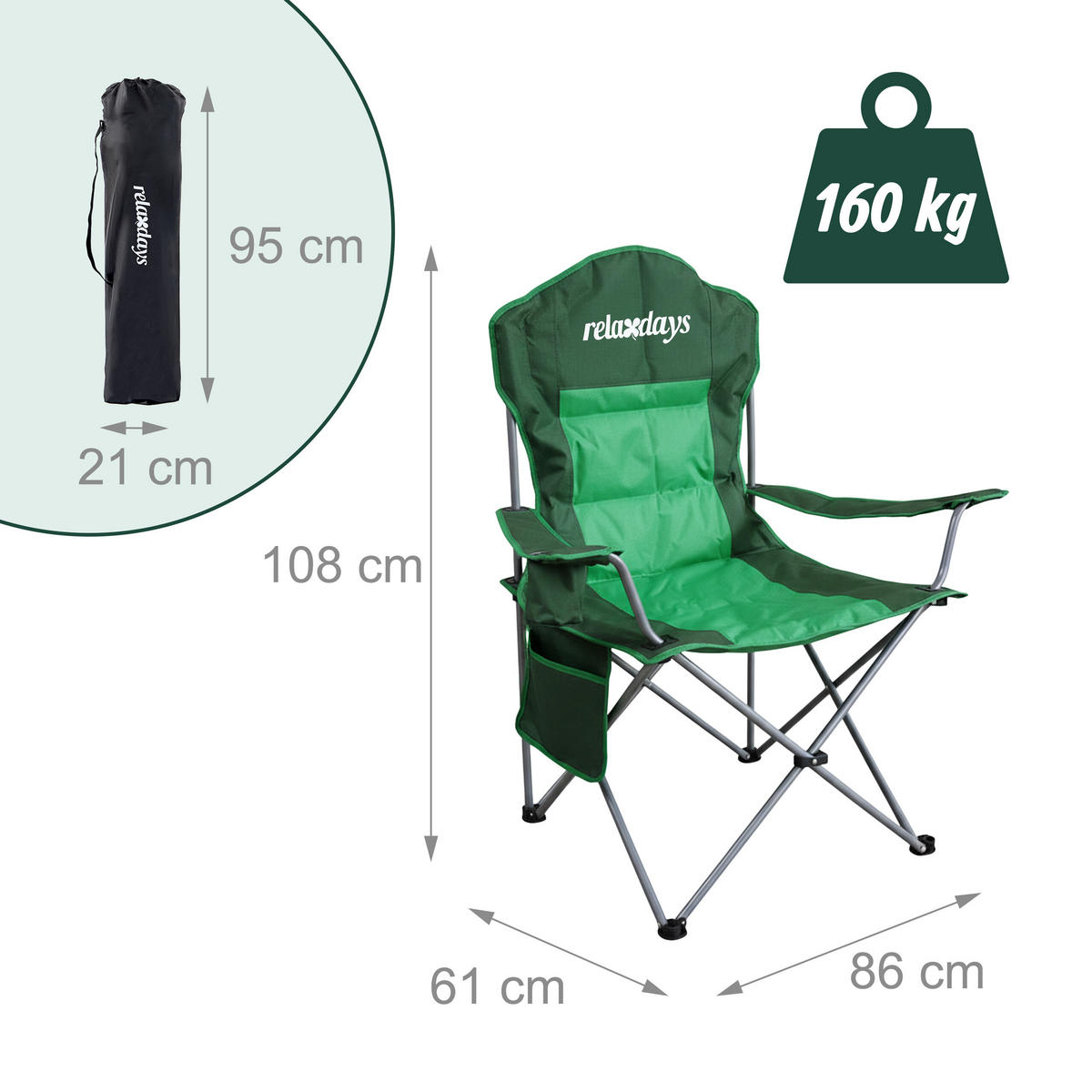 ŽIDLE Zelená kempingová skládací - různobarevná, kov/textil (86/108/61cm) - Relaxdays