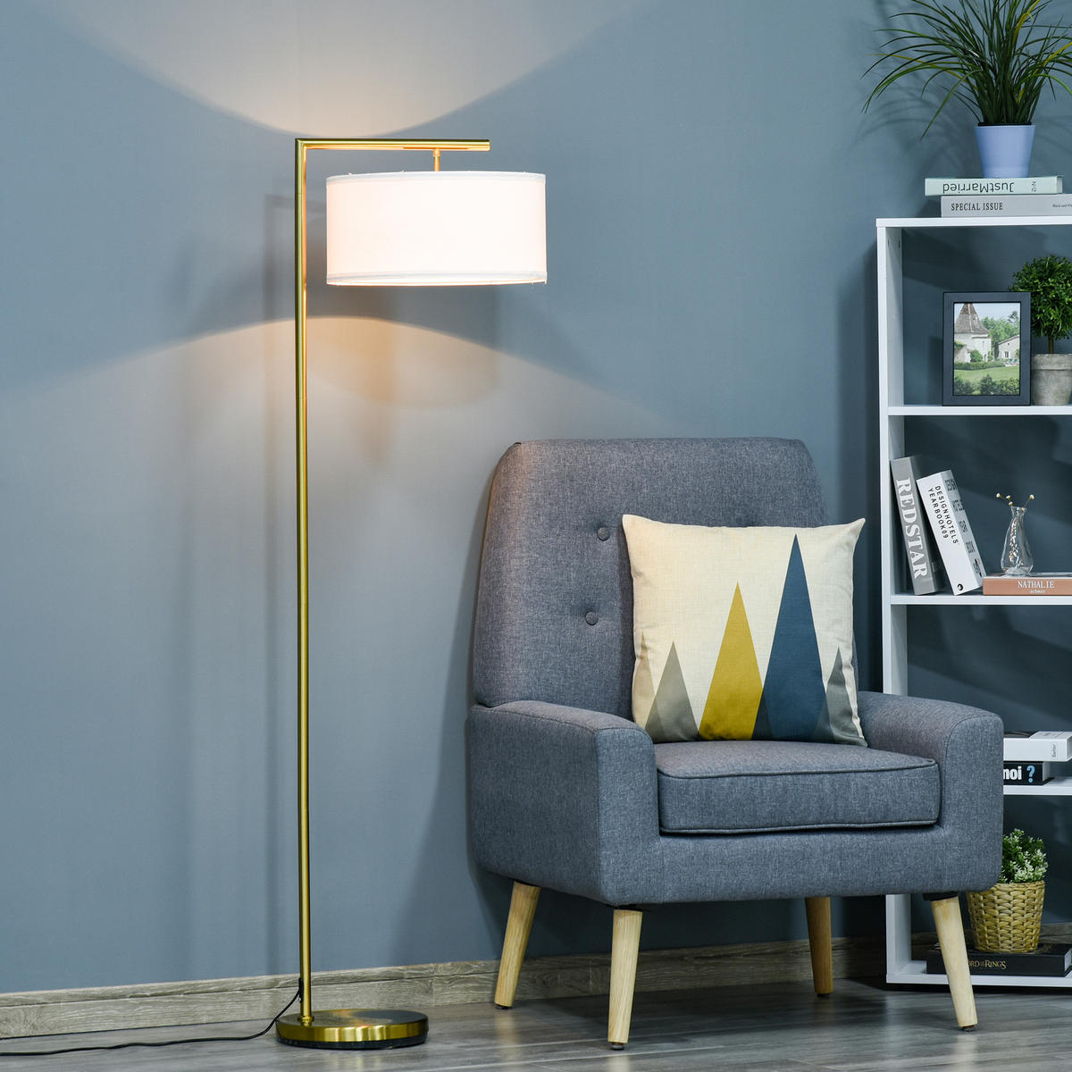 STEHLAMPE Stehleuchte E27 Sockel für Wohnzimmer Stahl Stoffschirm Goldoptik - Multicolor, Metall (47/37/153cm) - HOMCOM