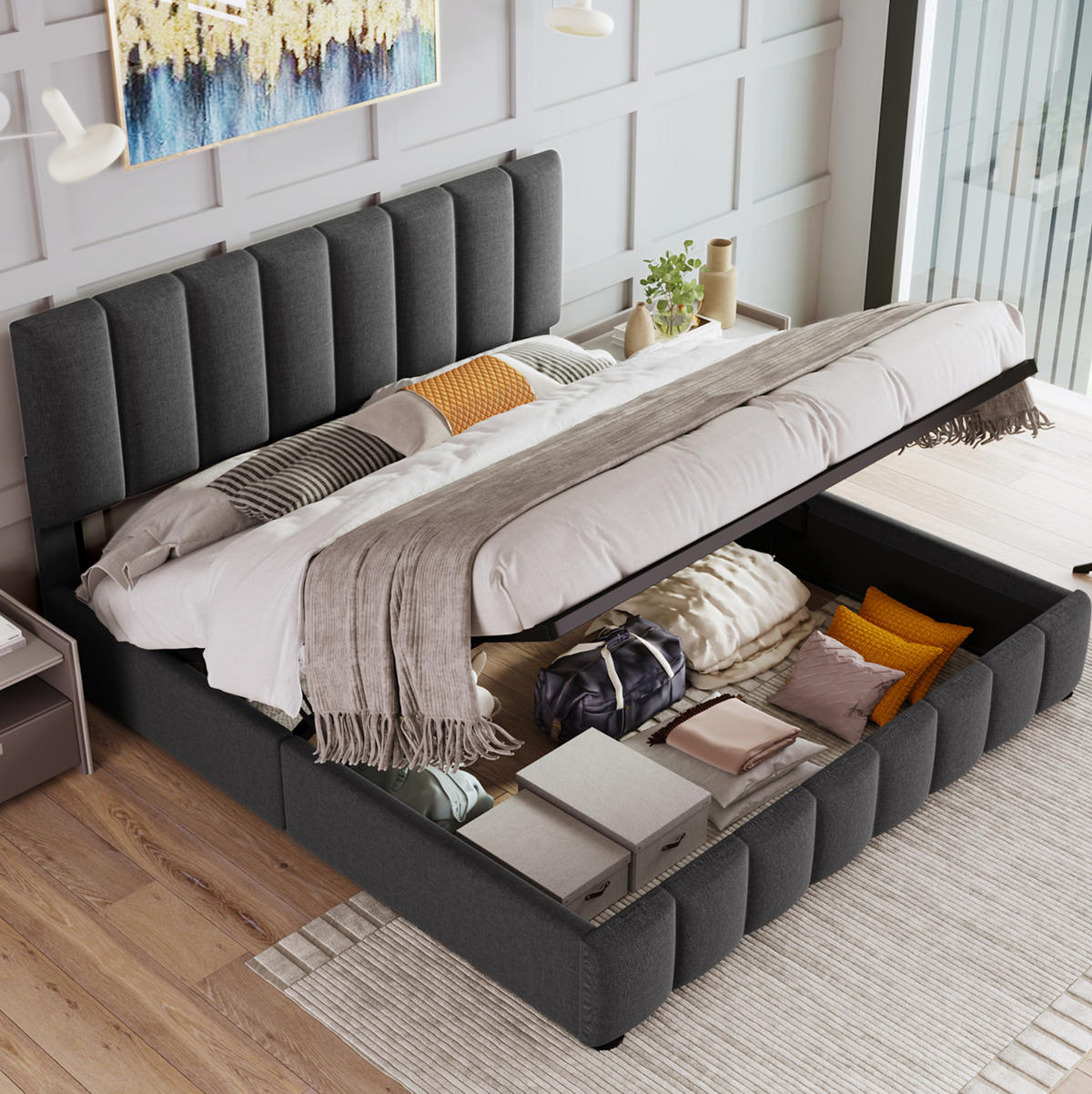 POLSTERBETT 140/200 cm mit Bettkasten und verstellbarem Kopfteil in Grau - Grau, Textil (140/200cm) - BEAOK