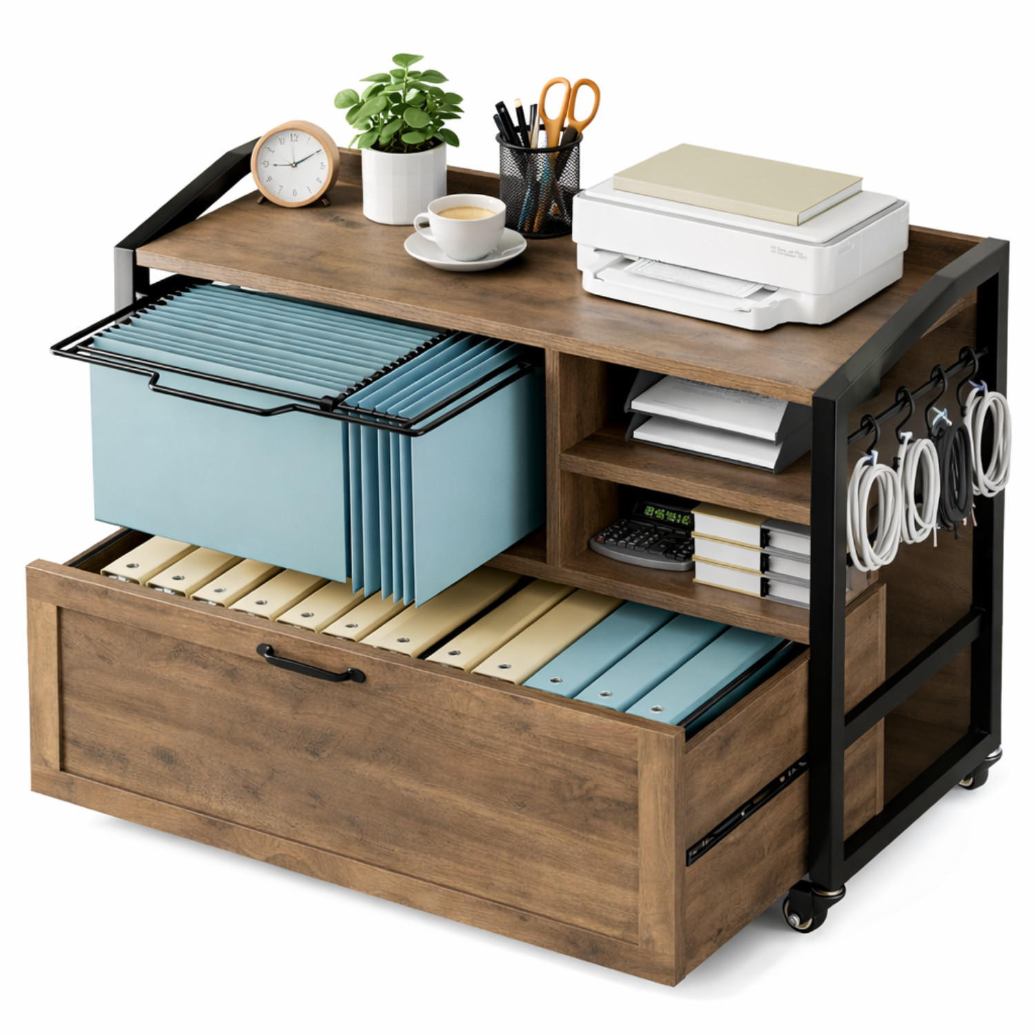 ROLLCONTAINER AKTENSCHRANK mit Hängeregister & Rollen INDUSTRIAL 83.8 x 40.0 x 72.5 cm - Braun, Holzwerkstoff/Metall (83/72.5/40cm) - Quality Elegance