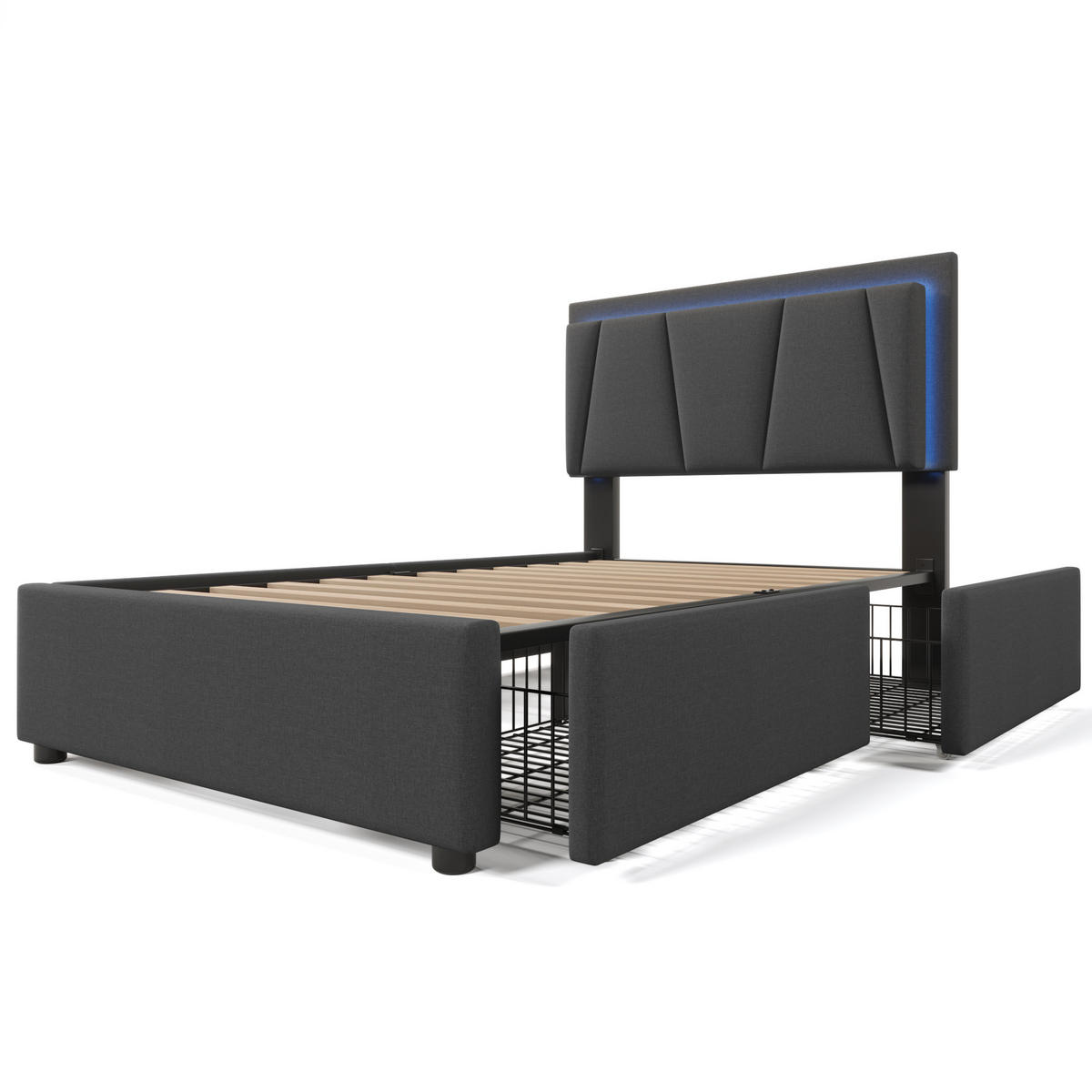 POLSTERBETT 90/200 cm grau mit LED-Beleuchtung und zwei Schubladen - Grau, Holz (90/200cm) - OKWISH