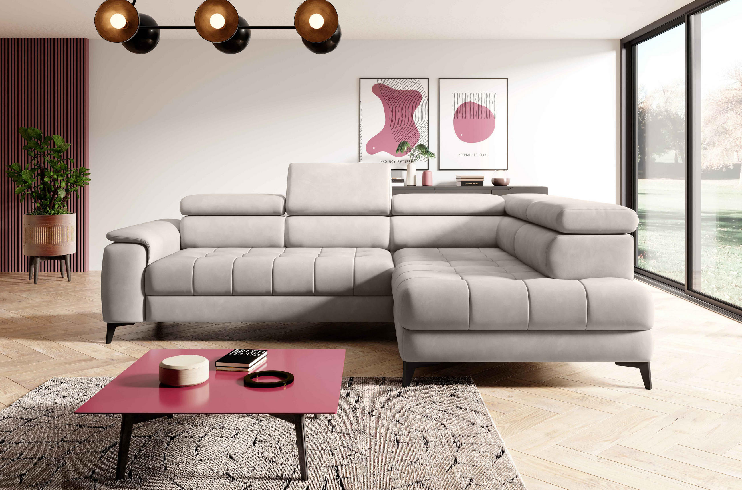 ECKSOFA CHIVAS Freistehend , Schlaffunktion, 278×197×76/98 cm, Stoff - Element, Puderrosa, Rechts Seite - Hellrosa/Schwarz, Holz/Textil (197/278cm) - DomoHome