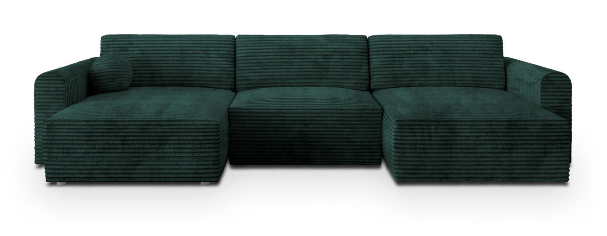 WOHNLANDSCHAFT FENTO Grün Kordstoff mit Schlaffunktion - Grün, Holz (347/90/148cm) - MASSENO