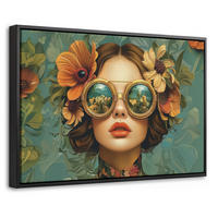 LEINWAND Bilder mit Rahmen - Frau - Blumen - Schmetterlinge - Natur - Vintage - 30x20 - Salbeigrün, Textil (30/20cm) - MuchoWow
