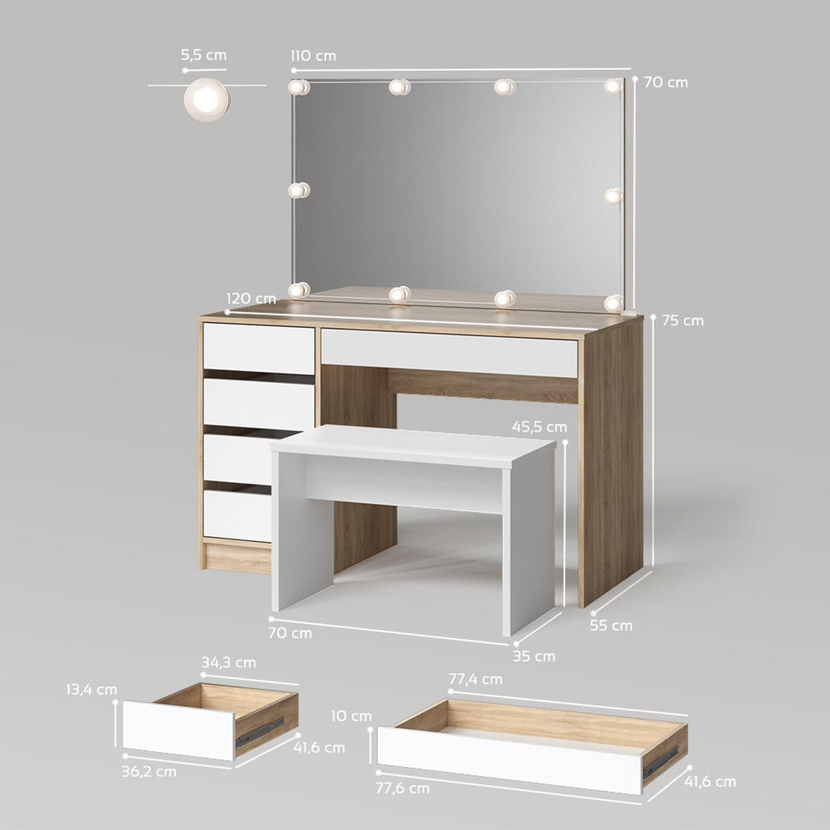 SCHMINKTISCH Imola Sonoma/Weiß mit LED Beleuchtung und Bank - Weiß/Sonoma Eiche, Holzwerkstoff (120/75/55cm) - Livinity®