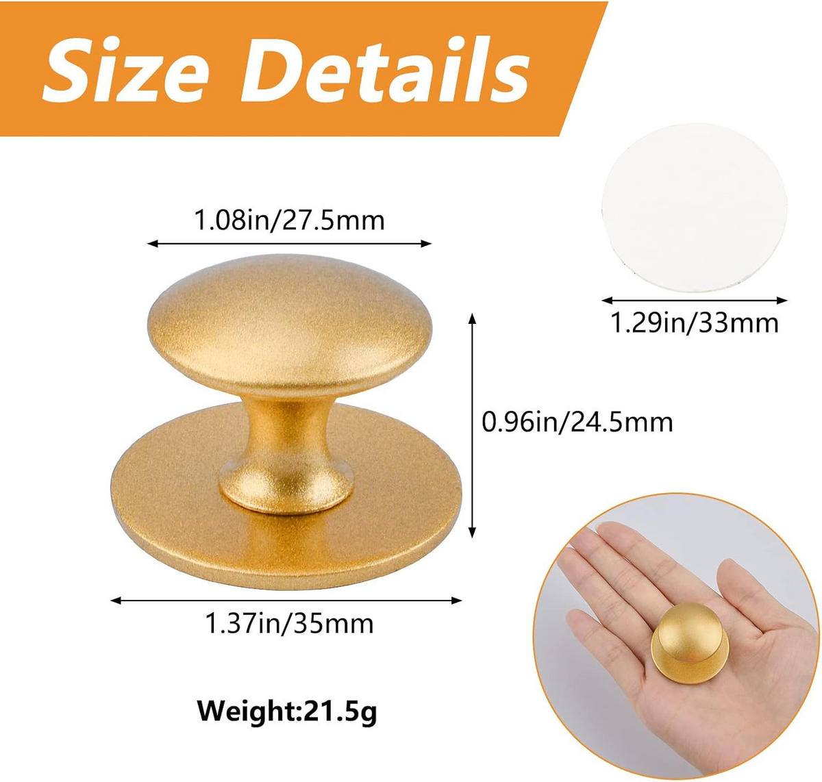 SCHRANKKNOPF Gold Matt 4er-Set Klebegriffe Edelstahl - Goldfarben, Metall (0.35/2.5/0.35cm)