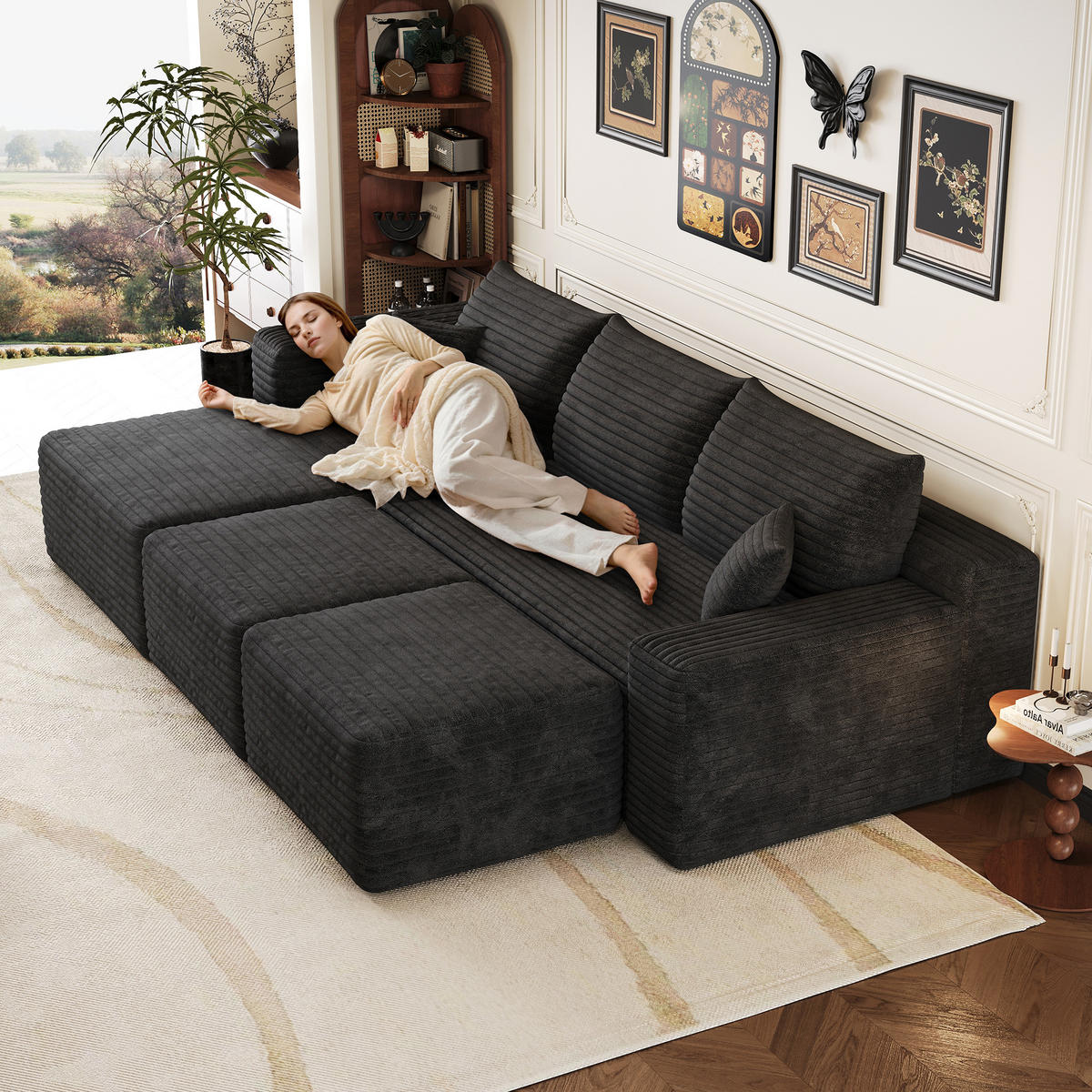 WOHNLANDSCHAFT Cord Schwarz ohne Montage - Schwarz, Textil (241/58/151cm) - WISHDOR
