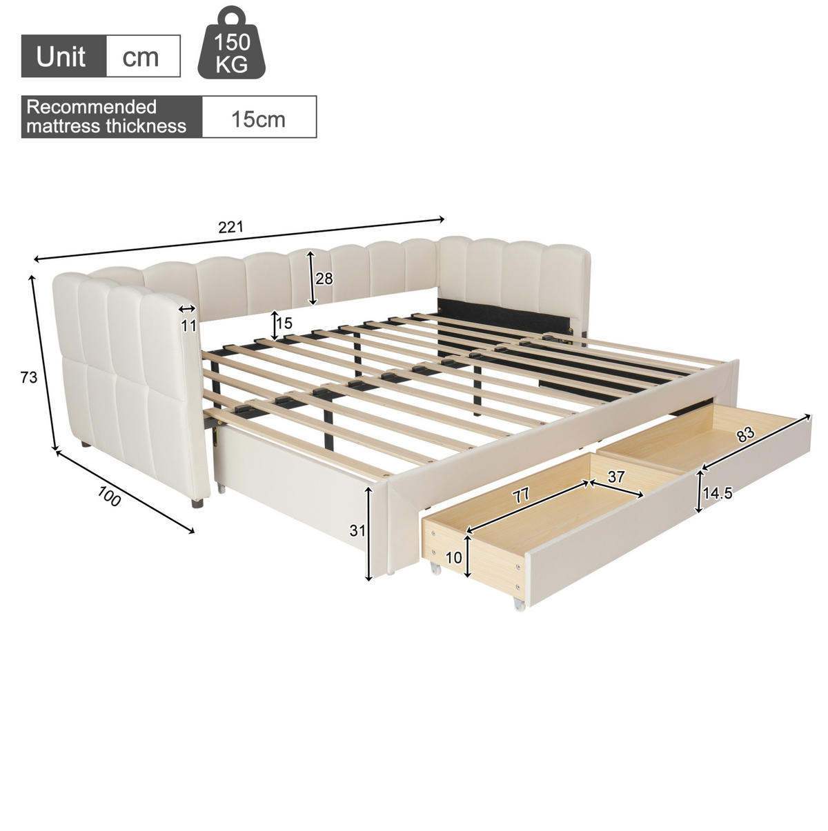 TAGESBETT 90/200 cm ausziehbar auf 180/200 cm mit 2 Schubladen, USB- und Typ-C-Anschluss, Leinenbezug, Beige - Beige, Textil (90/200cm) - Redom