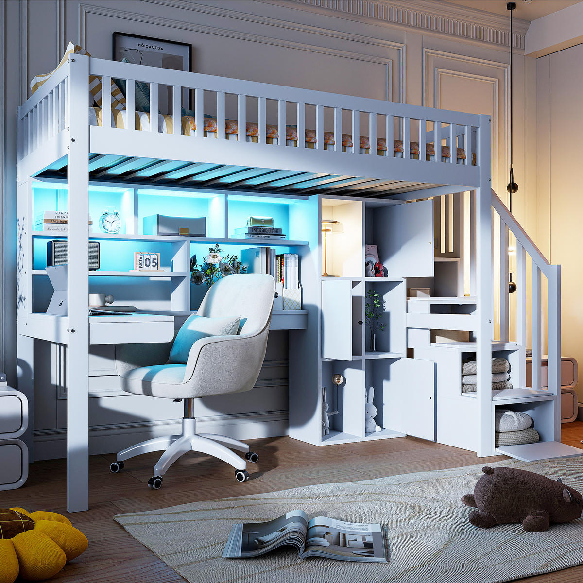 HOCHBETT 90x200cm Weiß LED-Licht Ablageleiter Regale Schreibtisch - Weiß, Holz (90/200cm) - FLIEKS