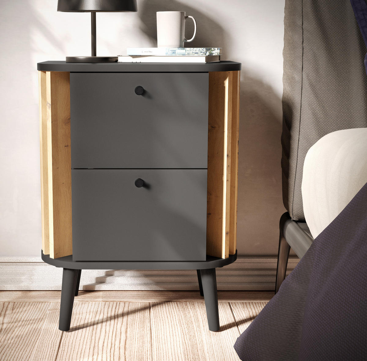 NACHTTISCH grau, Eiche Artisan 45 cm, Nachtkommode Boxspringbett geeignet - Schwarz/Eiche Artisan, Holzwerkstoff/Metall (33/60/45cm) - Inn.Furn