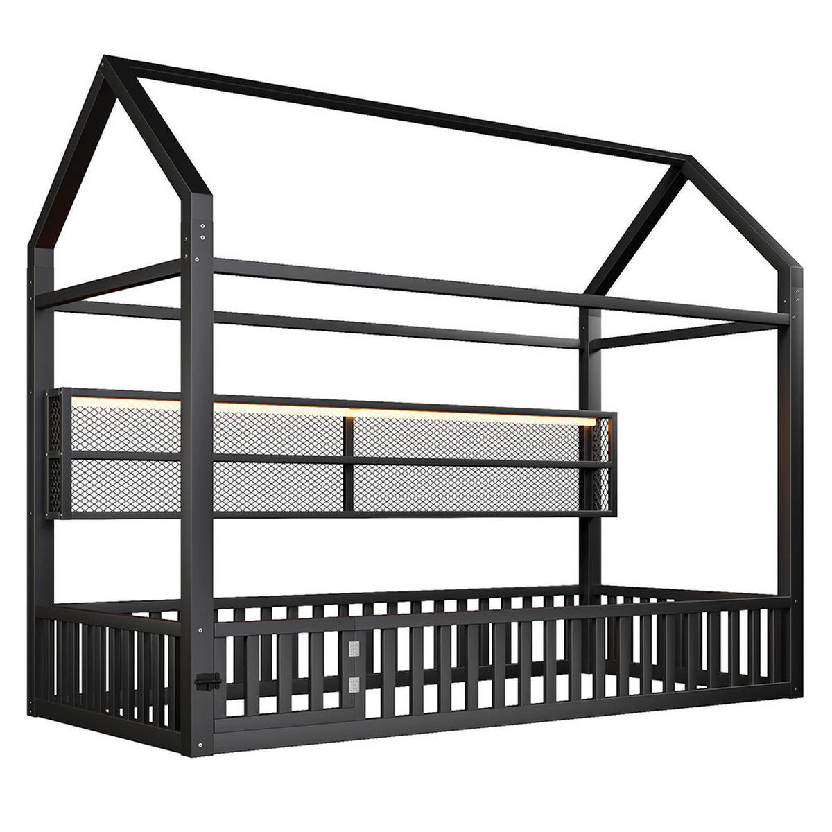 HAUSBETT 90x200 cm mit Zaun und LED-Beleuchtung, Schwarz - Schwarz, Metall (90/200cm) - KOMHTOM