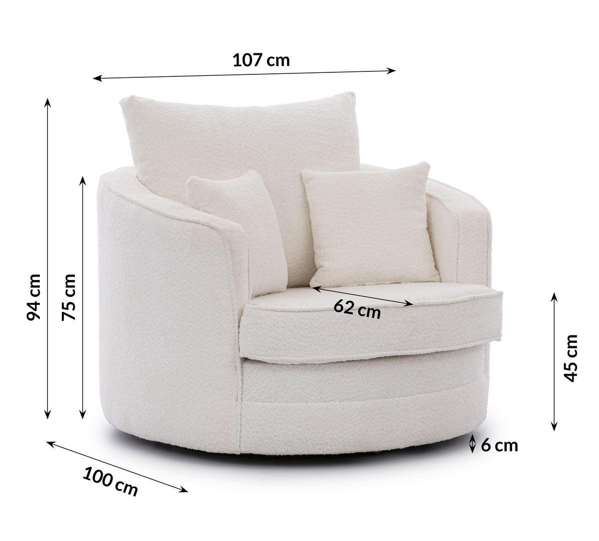 DREHSESSEL Ted aus Weiß Boucle-Stoff - Schwarz/Weiß, Holz/Textil (107/94/100cm) - S-Style Möbel