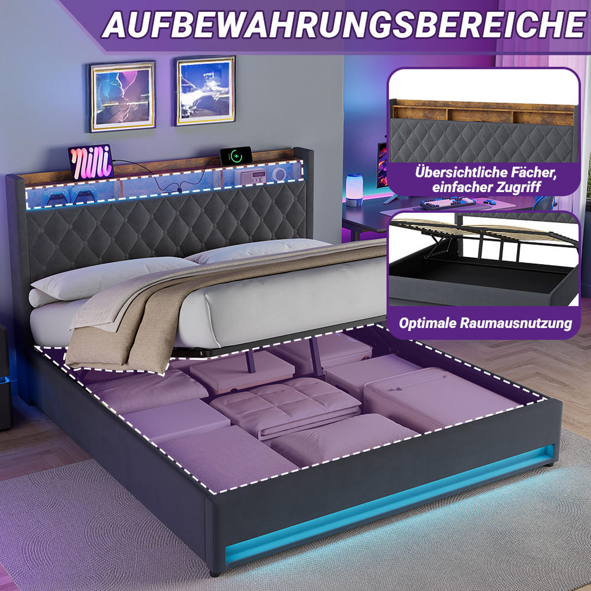 ČALOUNĚNÁ POSTEL 180/200 cm s úložným prostorem a zásuvkou, boxspringová postel s USB a LED osvětlením - šedá, kov/kompozitní dřevo (180/200cm) - STILVORA
