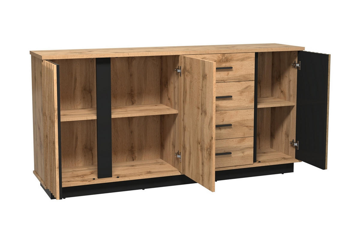 KOMMODE LAMI 21 178/88/40 cm in Wotan Eiche / Schwarz Matt mit Lamellen - Eiche Wotan/Schwarz, Holzwerkstoff (178/88/40cm) - Deine Möbel 24