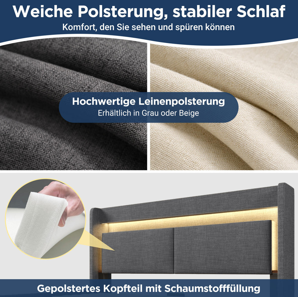 POLSTERBETT 140/200 cm mit LED-Beleuchtung, USB- und USB-C-Anschluss, hydraulischem Stauraum und Schublade und Matratze, Grau - Grau, Textil (140/200cm) - Redom