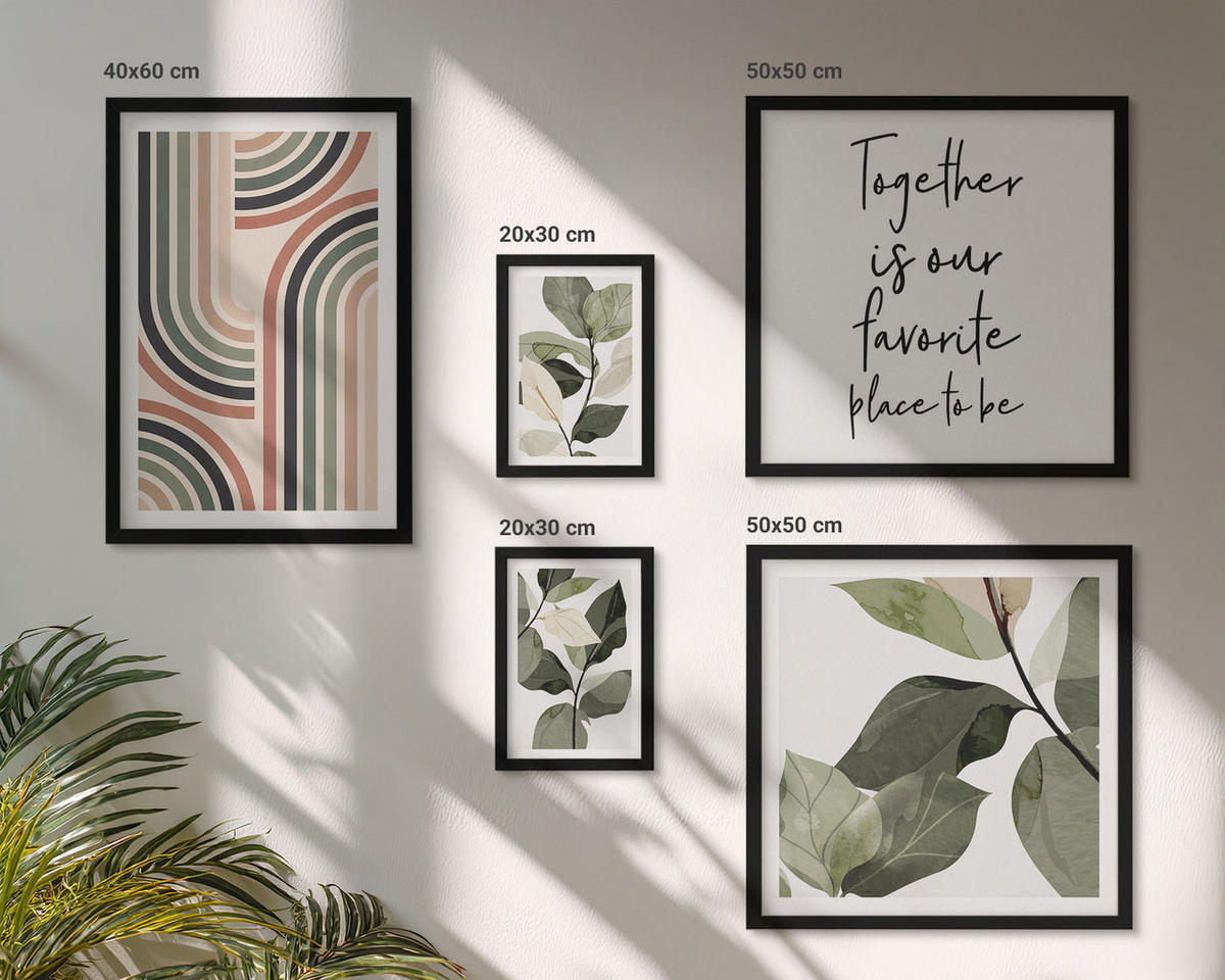 WANDBILDER 5er-Set - 50x50 cm & 20x30 cm & 40x60 cm Schwarzer Rahmen - Geometrische Pflanzenmotive - Schwarz, Kunststoff (40/60cm) - ArtPrintCave