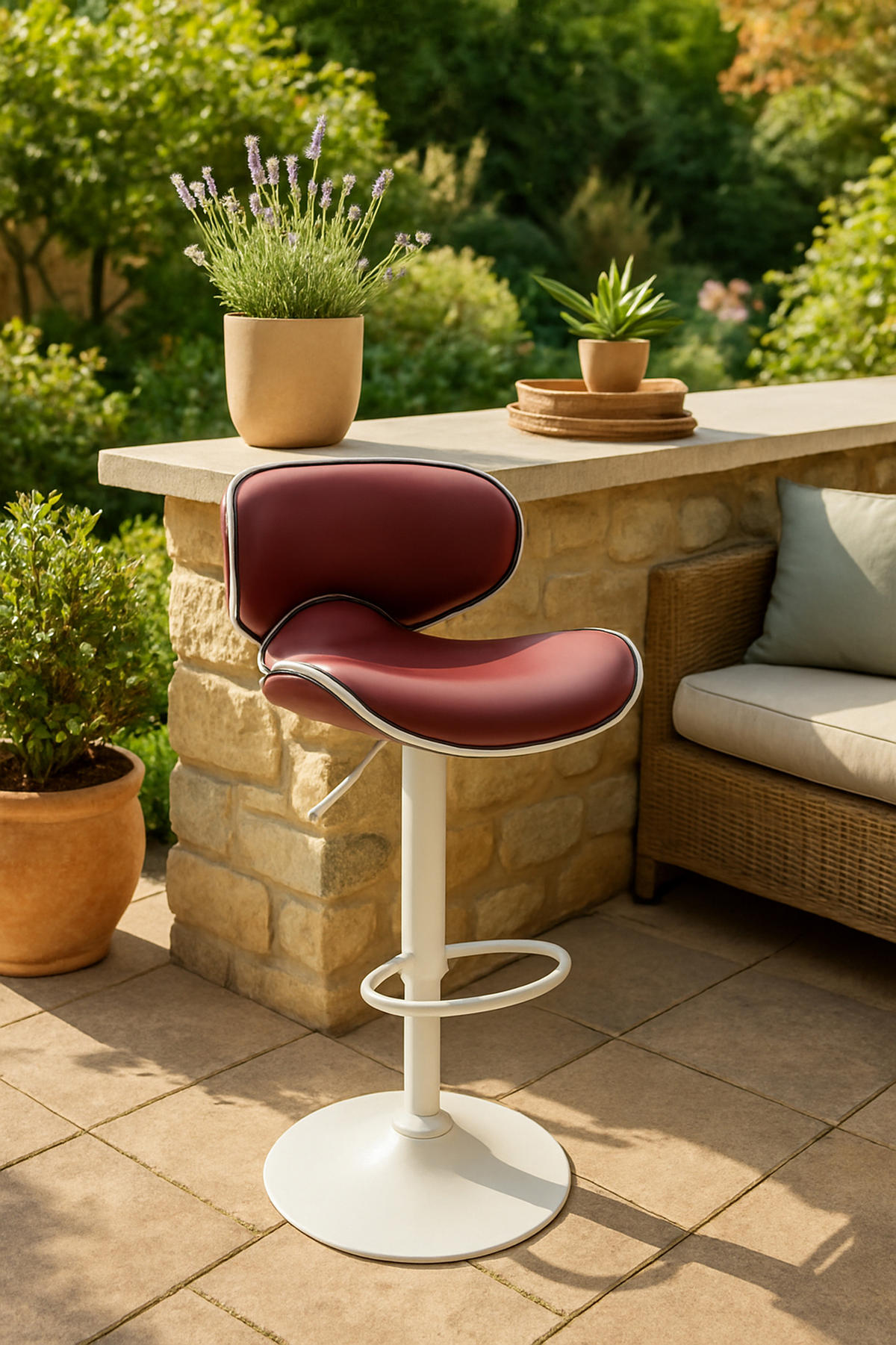 BARHOCKER 2er Set Las-Mallorcas Kunstleder weiß bordeauxrot - Bordeaux/Weiß, Kunststoff/Metall (46/108/49cm) - TPFLiving