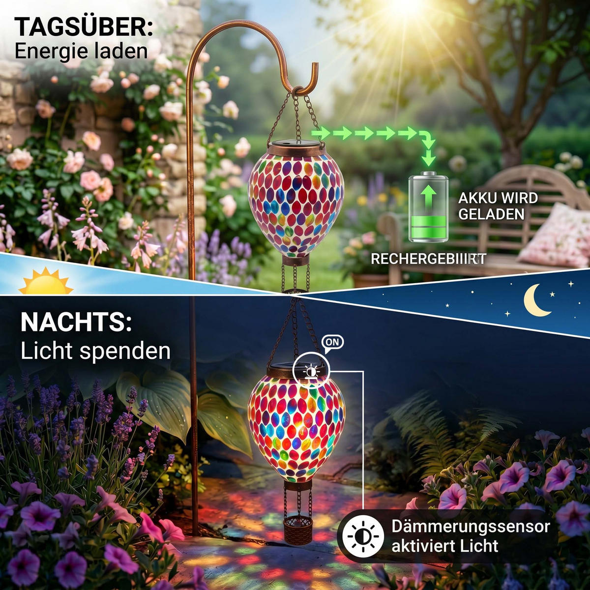 LED-SOLAR Mosaik Hängeleuchte mit Dämmerungssensor Glas Ø14x43cm - Bronzefarben, Glas (14/14/43cm) - Northpoint