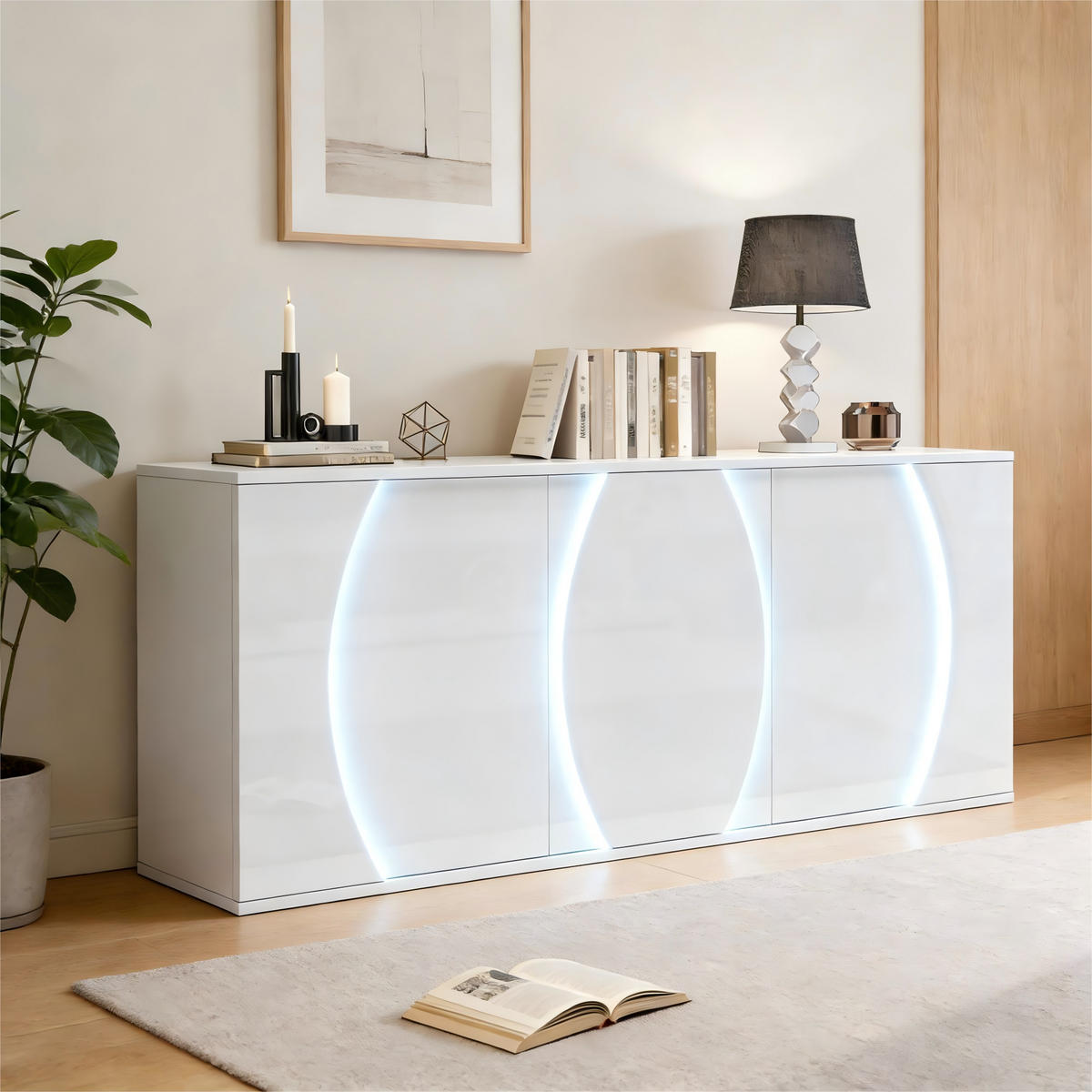 SIDEBOARD LED Weiß 3 Türen 150x40x70cm Hochglanz Stauraum - Weiß, Holzwerkstoff (40/70/150cm) - FLIEKS