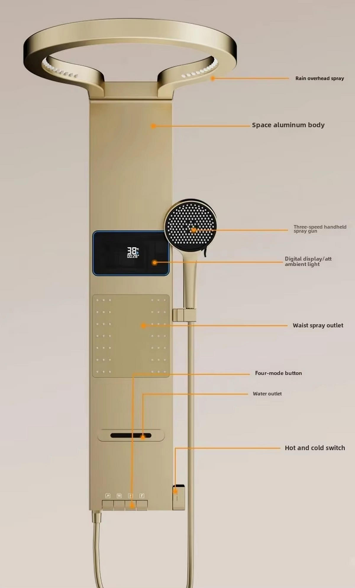 ÜBERKOPFBRAUSESET LED Regendusche Wandmontage Digital - Goldfarben, Metall (60.7/105.5/45.8cm) - Kaket