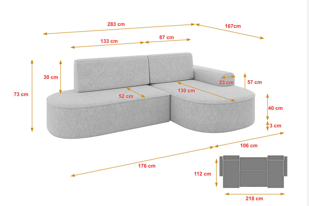 ECKSOFA mit Schlaffunktion und Bettkasten Ottomane Rechts MARI-L1-S - 283x167x73 cm Grau Tissu - Schwarz/Grau, Holzwerkstoff/Kunststoff (167/283cm) - ALTDECOR